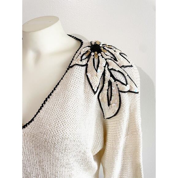 Nannell Vintage Cream Black Sequin Bejeweled Shoulders 1980s Medium - Picture 2 of 8